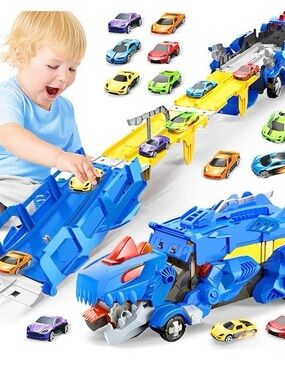 Blue Dino Transforming Race Track with 6 Mini Cars ages 3-5
